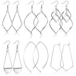 CASSIECA 6 Pairs Twist Wave Drop Dangle Earrings for Women Lightweight Statement Long Threader geometric Curved Earring Set Fashion Jewelry Valentine Mother Gift