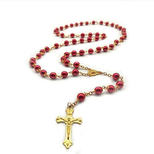 Amoybester Rosary Beads Catholic Gifts for Woman, Gold Rosary Necklace for Women Imitation Pearl Beads Crucifix Wall Cross Necklace Rosarios Catolicos Girls First Holy Communion Gift…