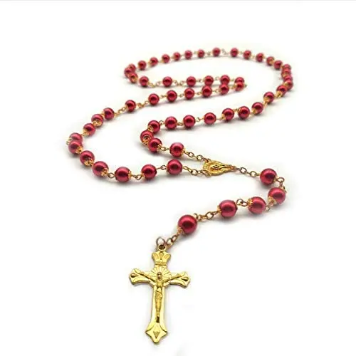 Amoybester Rosary Beads Catholic Gifts for Woman, Gold Rosary Necklace for Women Imitation Pearl Beads Crucifix Wall Cross Necklace Rosarios Catolicos Girls First Holy Communion Gift…