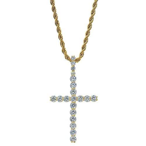 TOPGRILLZ 14K Gold&Silver Plated Iced Out CZ 3'' Lab Diamond Cross Pendant Chain for Men and Women