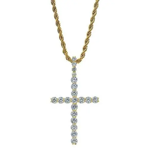 TOPGRILLZ 14K Gold&Silver Plated Iced Out CZ 3'' Lab Diamond Cross Pendant Chain for Men and Women TOPGRILLZ 14K Gold&Silver Plated Iced Out CZ 3'' Lab Diamond Cross Pendant Chain for Men and Women