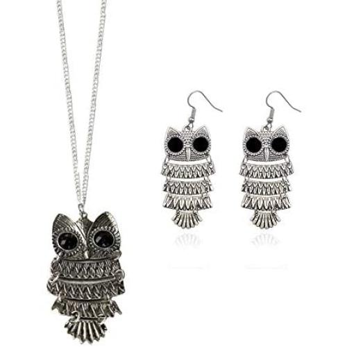 Vintage Owl Sweater Chain Necklace Big Eye Owl Animal Dangle Drop Earrings for Women Girls Fashion Jewelry Set