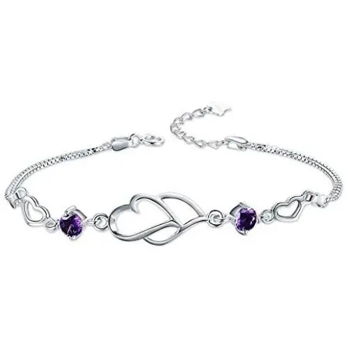 Nobranded SUNCHIO S925 Sterling Silver Bracelet for Women, 8-9 Inches Adjustable Infinite Charm Double Heart Wrist Chain,Gift for Women Anniversary