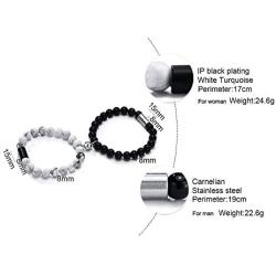 MEALGUET Magnetic Couple Bracelets Personalized White Howlite & Black Agate Matching Beaded Bracelets Distance Relationship Bracelet Custom Name Bead Magnetic Set