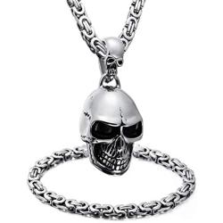 WESTMIAJW Mens Stainless Steel Silver Large Heavy Skull Pendant Necklace Chain Bracelet Set Gothic Punk Biker Jewelry 55/60/70cm