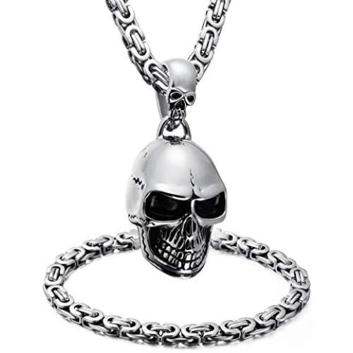 WESTMIAJW Mens Stainless Steel Silver Large Heavy Skull Pendant Necklace Chain Bracelet Set Gothic Punk Biker Jewelry 55/60/70cm