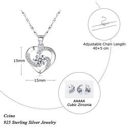 Ccino Silver Jewelry Set for Women, 925 Sterling Silver Stud Earrings, Silver Love Pendant Necklace with White/Purple/Blue Cubic Zirconia for Girlfriend Mother, Best Gift, Come with Jewelry Box