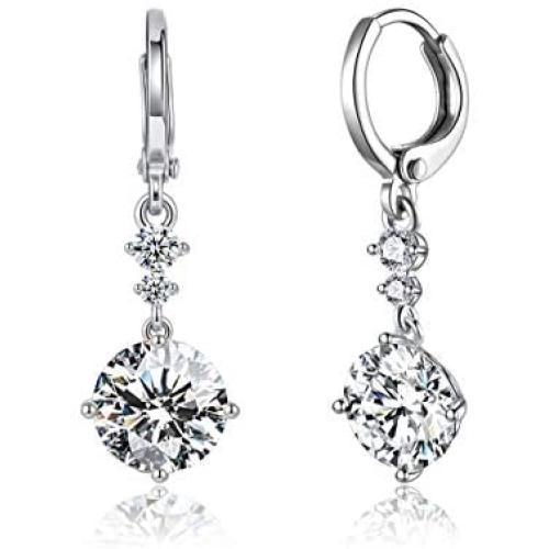 Drop Dangle Earrings Leverback 9MM 2.75ct and 2pcs Small CZ Cubic Zirconia Design 14K White Gold Plated with Hypoallergenic Hoops Gorgeous Gift for Women and Girls