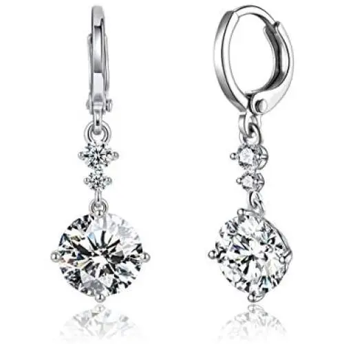 Drop Dangle Earrings Leverback 9MM 2.75ct and 2pcs Small CZ Cubic Zirconia Design 14K White Gold Plated with Hypoallergenic Hoops Gorgeous Gift for Women and Girls