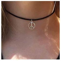 Olbye Peace Necklace Choker Leather Silver Choker Necklace for Women and Teen Girls Boho Jewelry Necklace Silver (Geometric)