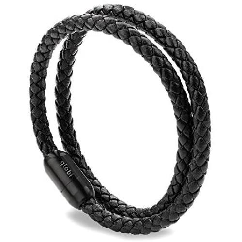 Globi Leather Bracelet For Men | Genuine Wrap Braided Leather Cuff Bangle Bracelet with Magnetic Stainless Steel Clasp For Men/Women