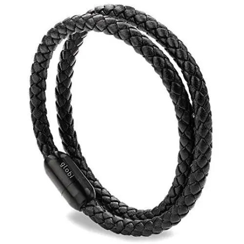 Globi Leather Bracelet For Men | Genuine Wrap Braided Leather Cuff Bangle Bracelet with Magnetic Stainless Steel Clasp For Men/Women