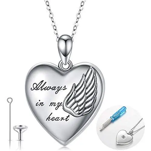 925 Sterling Silver Urn Necklaces for Ashes Cremation Jewelry for Ashes Angel Wings Cremation Necklace for Ashes Always in My Heart Memorial Gifts Ashes Keepsake Pendant Necklace with Funnel Kit 925 Sterling Silver Urn Necklaces for Ashes Cremation Jewelry for Ashes Angel Wings Cremation Necklace for Ashes Always in My Heart Memorial Gifts Ashes Keepsake Pendant Necklace with Funnel Kit