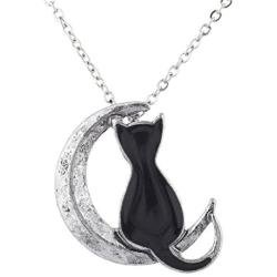 LUX ACCESSORIES Burnished Silver Tone Black Cat Crescent Moon Pendant Necklace