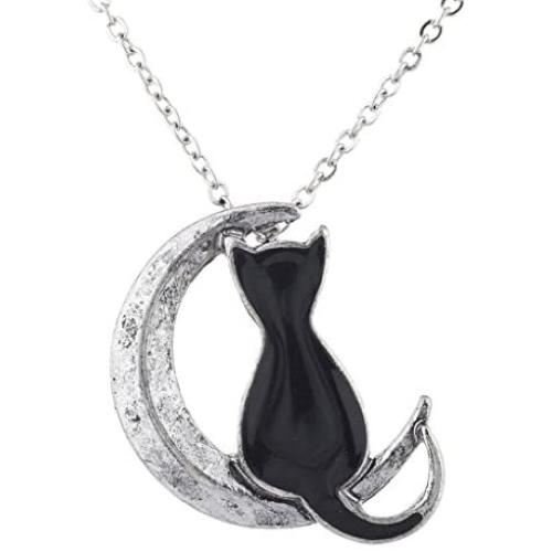 LUX ACCESSORIES Burnished Silver Tone Black Cat Crescent Moon Pendant Necklace