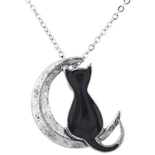 LUX ACCESSORIES Burnished Silver Tone Black Cat Crescent Moon Pendant Necklace LUX ACCESSORIES Burnished Silver Tone Black Cat Crescent Moon Pendant Necklace