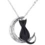LUX ACCESSORIES Burnished Silver Tone Black Cat Crescent Moon Pendant Necklace