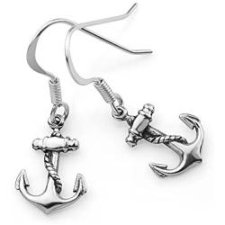 925 Oxidized Sterling Silver Vintage Anchor Navy Sailor Symbol Rope Wheel Dangle Hook Earrings 1.1''