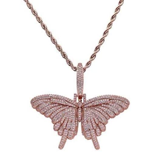 Silver Plated CZ Iced Out Bling Butterfly Chain Necklace Party Jewelry for Men Women