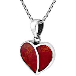 AeraVida One Love Heart Reconstructed Red Coral Inlays .925 Sterling Silver Pendant Necklace