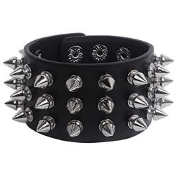 León Jewelry Rivet Studded Bracelet Wide Leather Cuff Wrap Adjustable Buttons Black Goth Punk Rock Costume Wristband