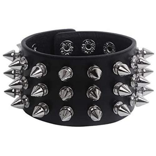 León Jewelry Rivet Studded Bracelet Wide Leather Cuff Wrap Adjustable Buttons Black Goth Punk Rock Costume Wristband