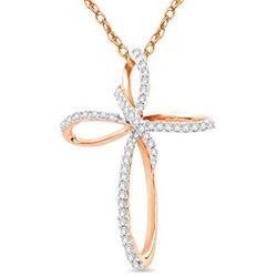 Jewelili 10kt Gold 1/5cttw Natural White Diamond Cross Pendant Necklace, 18'' Rope Chain