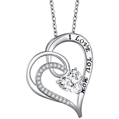 S925 Sterling Silver I Love You Mom Heart Pendant Necklace for Mother Mama Mommy Mum Birthday Jewelry Gifts