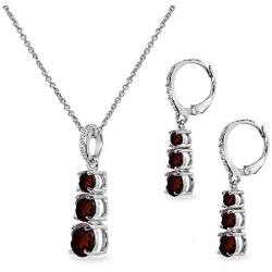 Sterling Silver Genuine or Synthetic Gemstone 3-Stone Journey Pendant Necklace & Dangle Leverback Earrings Set