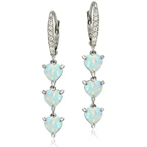 Sterling Silver Genuine and Created Gemstone Heart 3-Stone Dangle Earrings Sterling Silver Genuine and Created Gemstone Heart 3-Stone Dangle Earrings