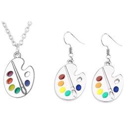 Unique Charm Paint Palette Dangle Earrings Necklace Set Paint Brush Drop Earrings Colorful Paint Palette Drop Earrings for Women Artist Painter Jewelry