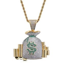 KMASAL Jewelry Men Hip Hop Money Bag CZ Cluster Pendant Iced Out Bling Cubic Zircon 18K Gold Plated Diamond Necklace with Stainless Rope Chain