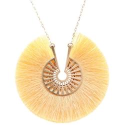 MIRMARU Bohemian Silky Thread Fringe Tassel Necklaces - Round Fine Silky Strand Vintage Gold Tone Long Chain Pendant Necklace for Women and Girl