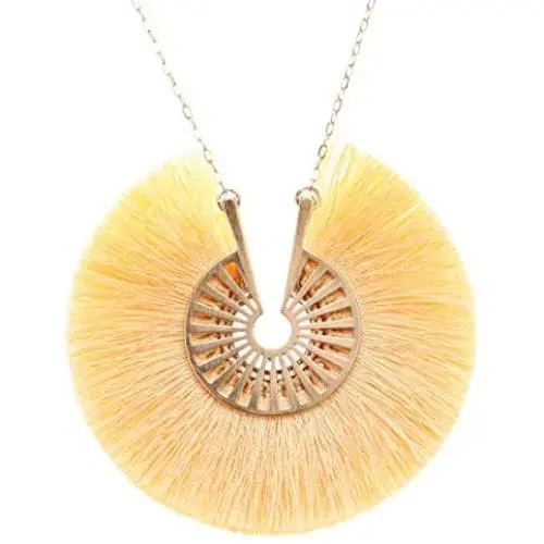 MIRMARU Bohemian Silky Thread Fringe Tassel Necklaces - Round Fine Silky Strand Vintage Gold Tone Long Chain Pendant Necklace for Women and Girl