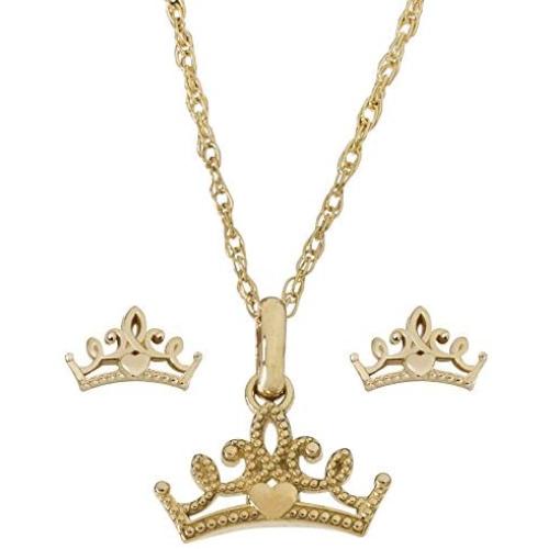 Disney Princess Jewelry for Women, 14K Yellow Gold Tiara Pendant Necklace and Stud Earrings Set, 18” Chain