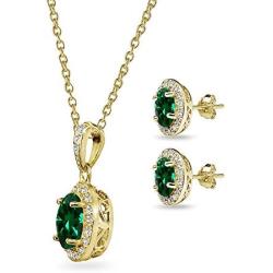 Gold Flashed Sterling Silver Genuine, Created or Simulated Gemstone & CZ Oval Halo Necklace & Stud Earrings Set with CZ Accents