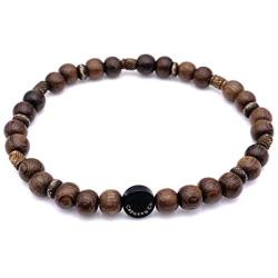 Mens Calming Wood and Brass Stretch Bead Bracelet Handcrafted in USA - Brown