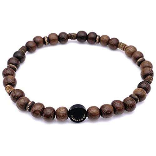 Mens Calming Wood and Brass Stretch Bead Bracelet Handcrafted in USA - Brown