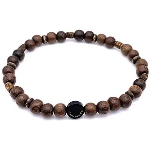 Mens Calming Wood and Brass Stretch Bead Bracelet Handcrafted in USA - Brown Mens Calming Wood and Brass Stretch Bead Bracelet Handcrafted in USA - Brown