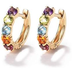 FANCIME 14K Solid Yellow Gold Genuine Amethyst Peridot Topaz Citrine Garnet Tiny/Small Hinged Huggie Cartilage Hoop Earrings Gemstone Dainty Delicate Fine Jewelry for Women Girls 12mm 15mm