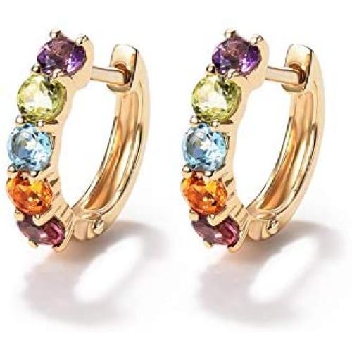 FANCIME 14K Solid Yellow Gold Genuine Amethyst Peridot Topaz Citrine Garnet Tiny/Small Hinged Huggie Cartilage Hoop Earrings Gemstone Dainty Delicate Fine Jewelry for Women Girls 12mm 15mm