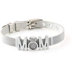 FANCY SHINY Mom Charm Bracelet Stainless Steel Mesh Bangle with Belt Buckle Mother Jewelry Gift for Women