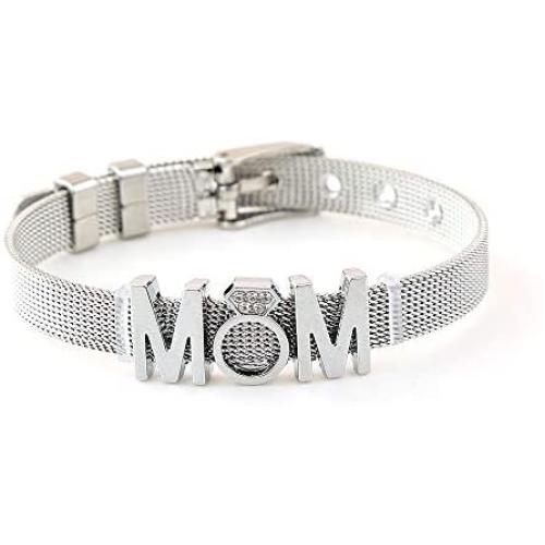 FANCY SHINY Mom Charm Bracelet Stainless Steel Mesh Bangle with Belt Buckle Mother Jewelry Gift for Women