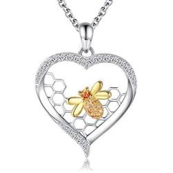 Sterling Silver Bee Honeycomb Necklace S925 Love Heart Little Bumblebee Cubic Zirconia Pendant Jewelry Gift for Teens Women Girl