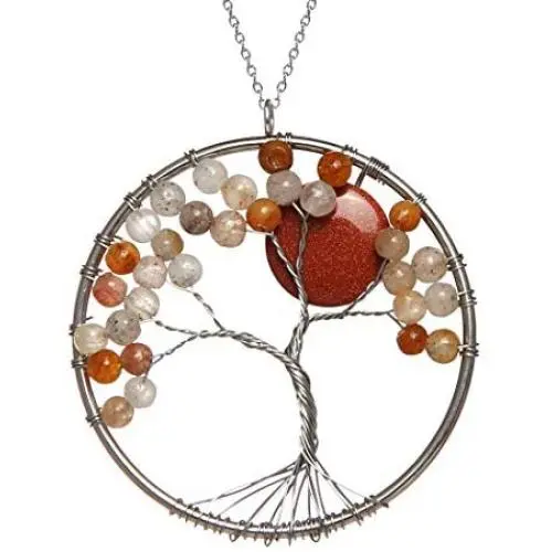 HZMAN Tree of Life Chakra Amulet Natural Quartz Round Stone Pendant Handmade Necklace HZMAN Tree of Life Chakra Amulet Natural Quartz Round Stone Pendant Handmade Necklace