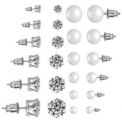 SUNSCSC Womens Stainless Steel Round Clear Cubic Zirconia Pearl Stud Earrings for Girls Gift 12 Pairs