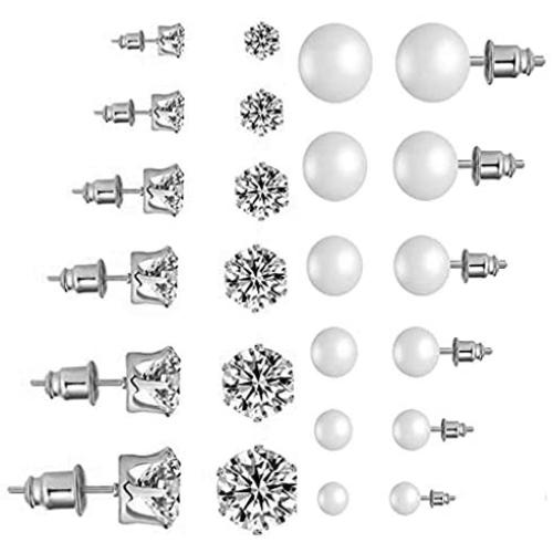 SUNSCSC Womens Stainless Steel Round Clear Cubic Zirconia Pearl Stud Earrings for Girls Gift 12 Pairs