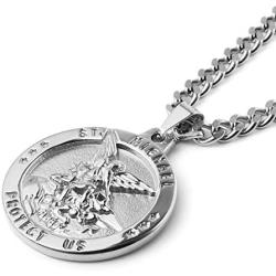 HZMAN St Michael The Archangel Catholic Medal Stainless Steel Amulet Pendant Necklace 22+2'' Rolo Curb Chain