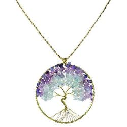 AeraVida Purple Fluorite Green Quartz Stone Eternal Tree of Life Brass Necklace