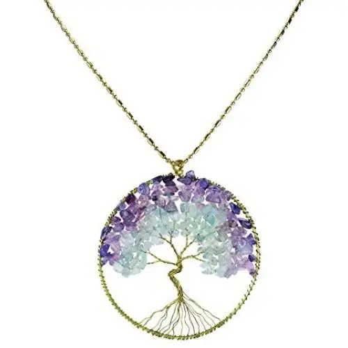 AeraVida Purple Fluorite Green Quartz Stone Eternal Tree of Life Brass Necklace AeraVida Purple Fluorite Green Quartz Stone Eternal Tree of Life Brass Necklace